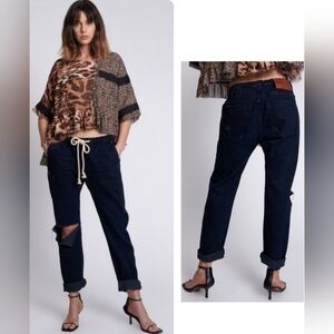 ONETEASPOON Shabbies Drawstring Boyfriend Jeans Distressed Fox Black Size XL